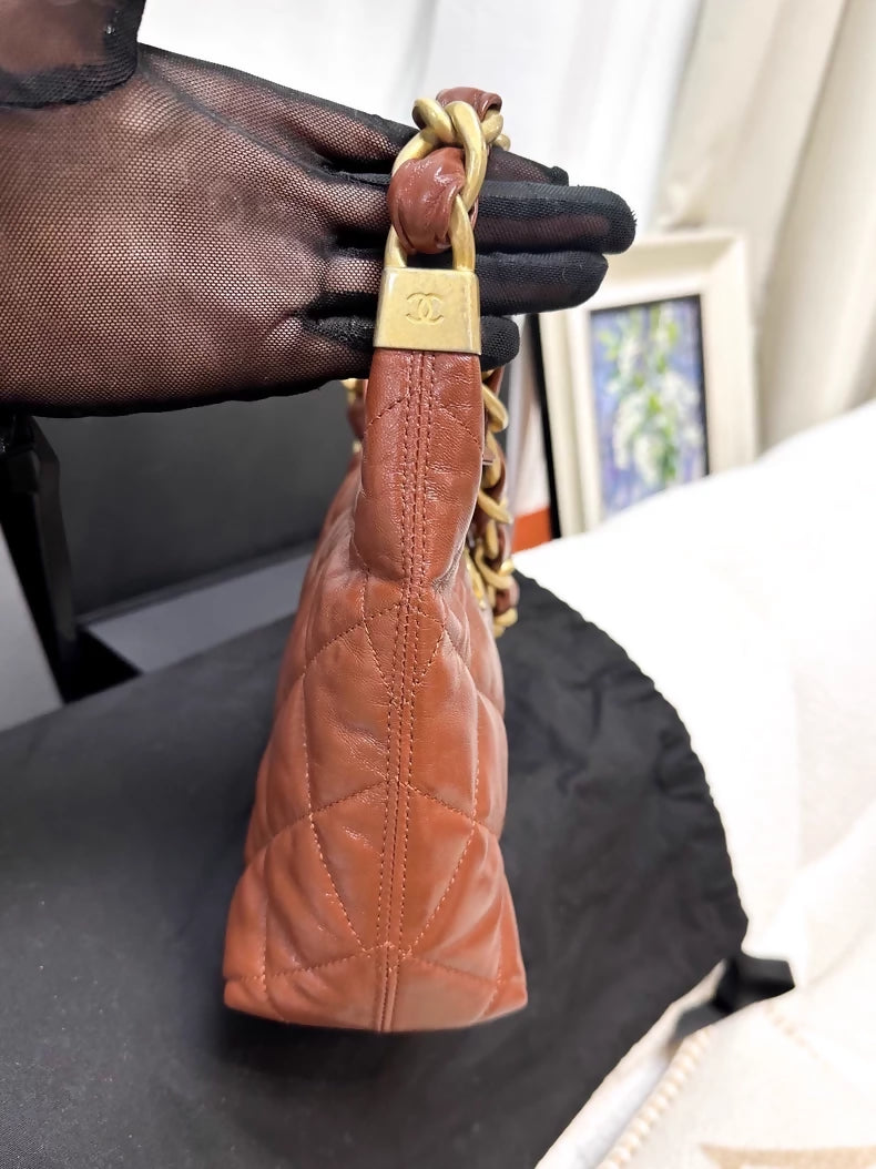 Chanel 24A brown waxed leather quilted Hobo shoulder bag