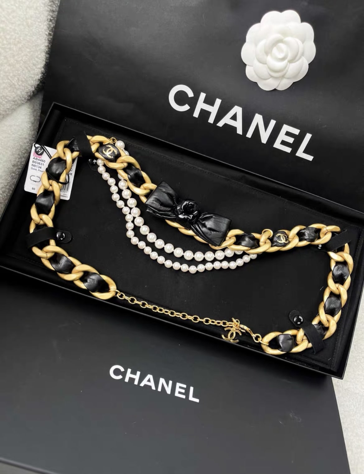 Chanel 20A Gold Leather Chain with Black Bow Pearl Chain Waist