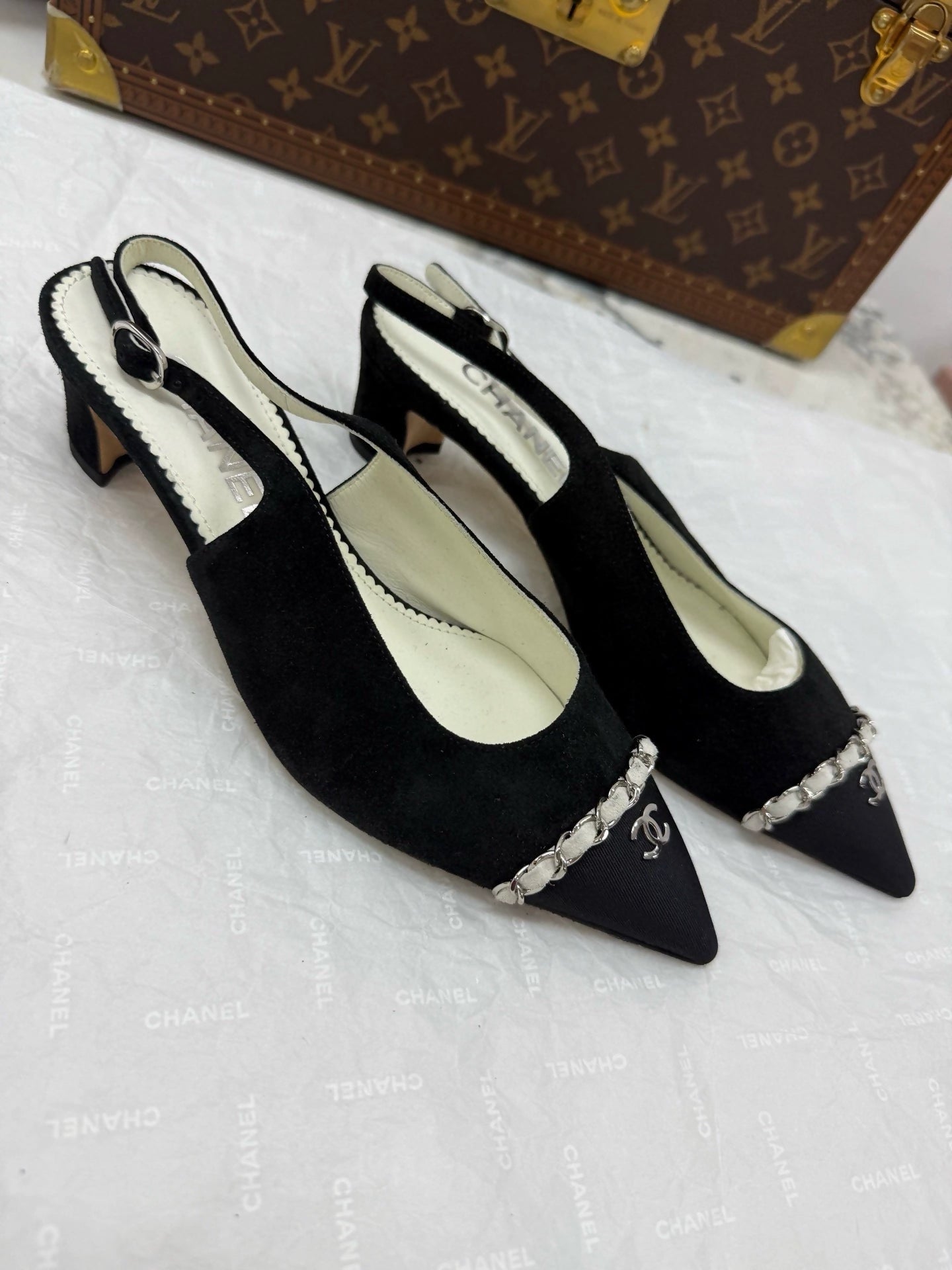 Chanel 23p black suede leather chain slingback heels