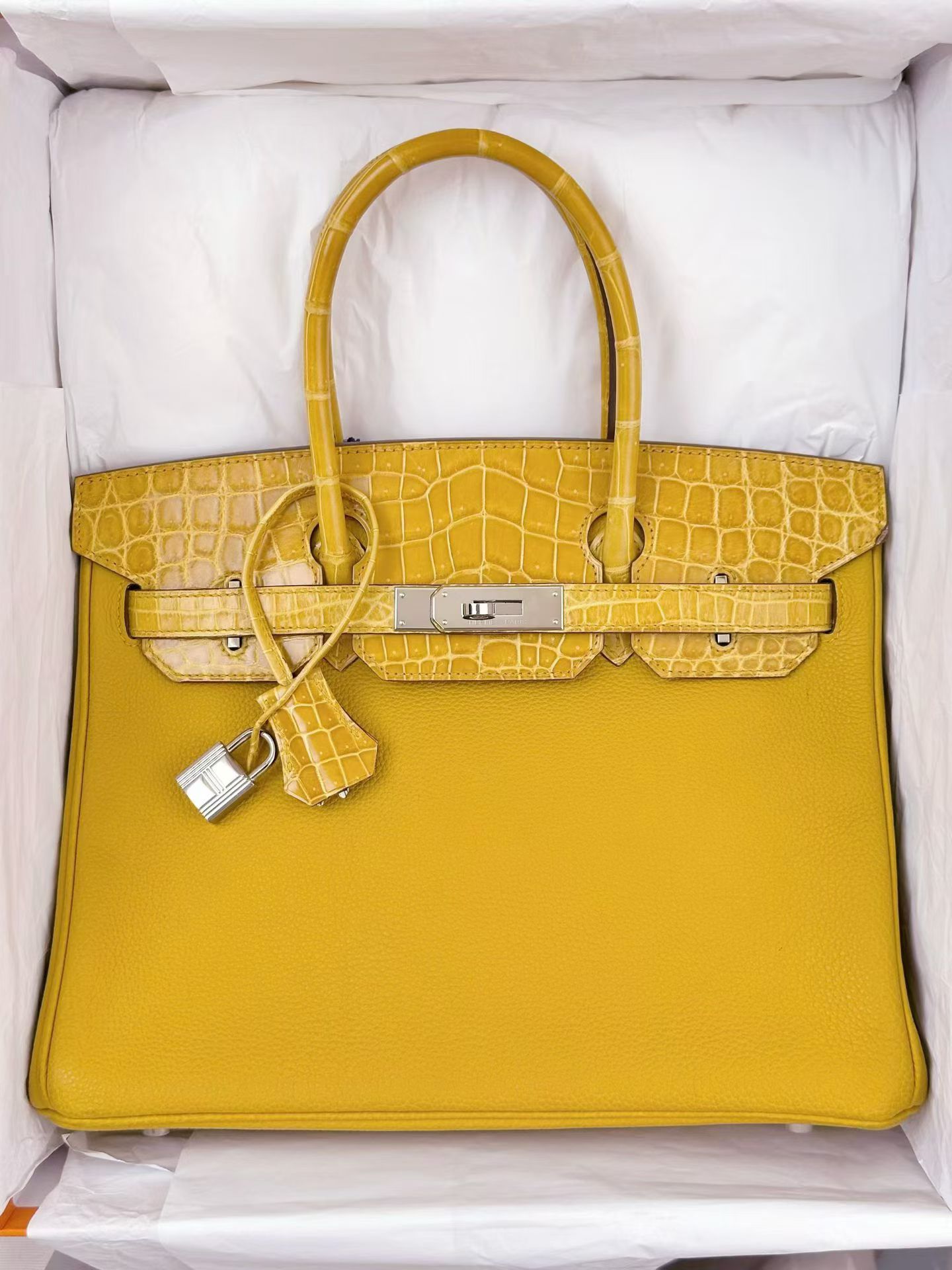 Hermes Birkin 30 touch in Jaune Ambre shiny alligator / Togo palladium Hardware