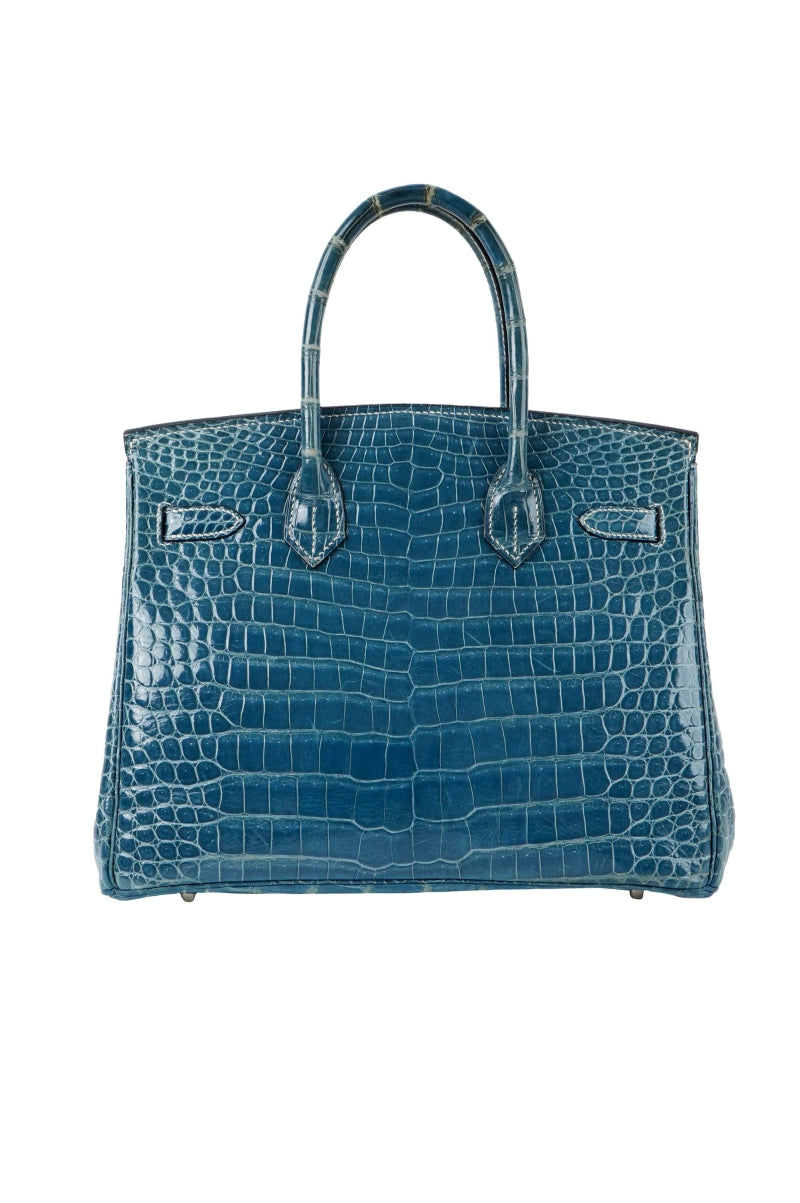 rare Hermes Birkin 30 blue denim crocodile leather palladium hardware