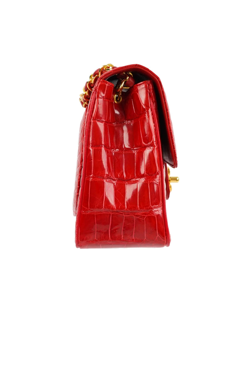 Chanel red shiny Alligator leather mini square flap bag with gold hardware