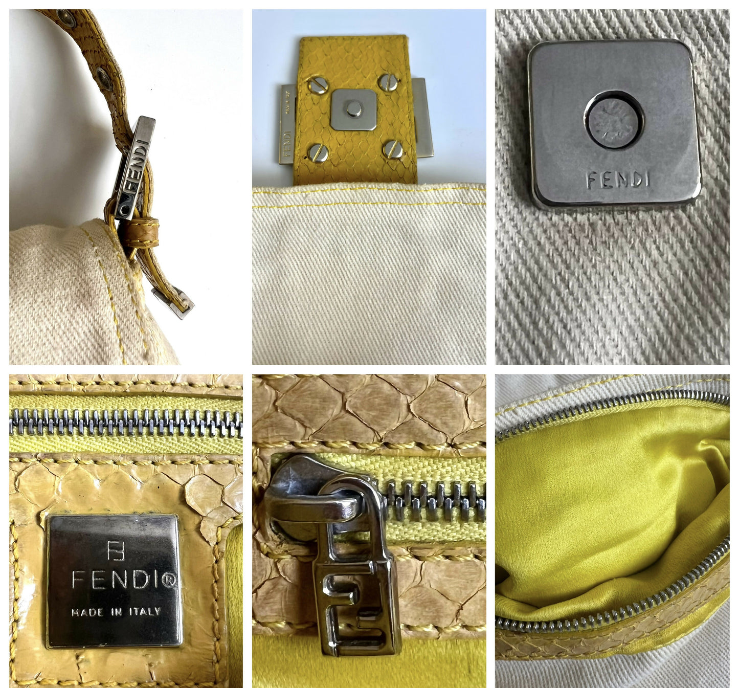 Vintage FENDI White Denim Baguett Bag with Yellow Python Trim