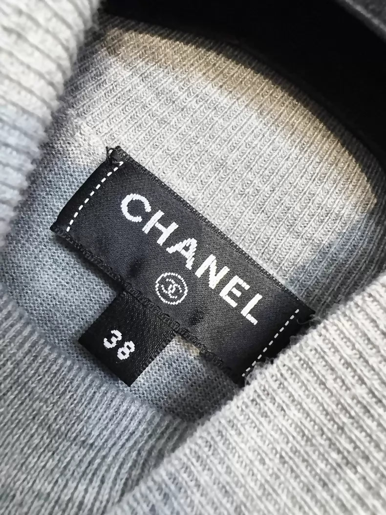 Chanel 22K grey turtleneck knit sweater with rhinestone and beaded floral print