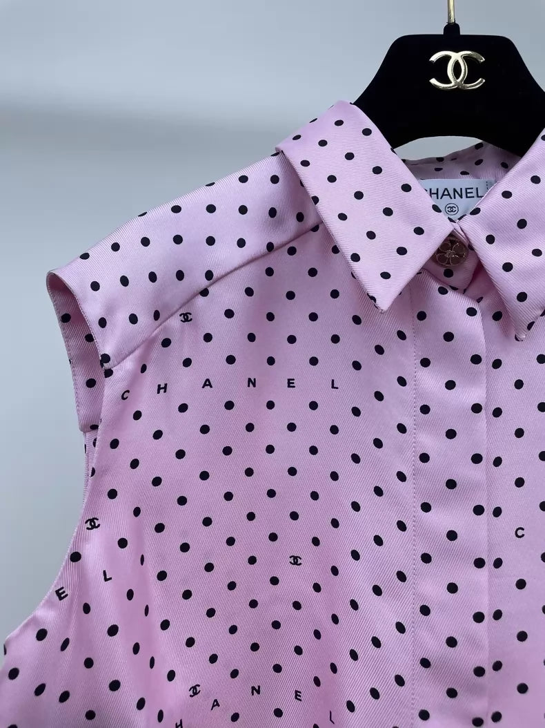 Chanel 24P Pink Polka Dot Silk Shirt