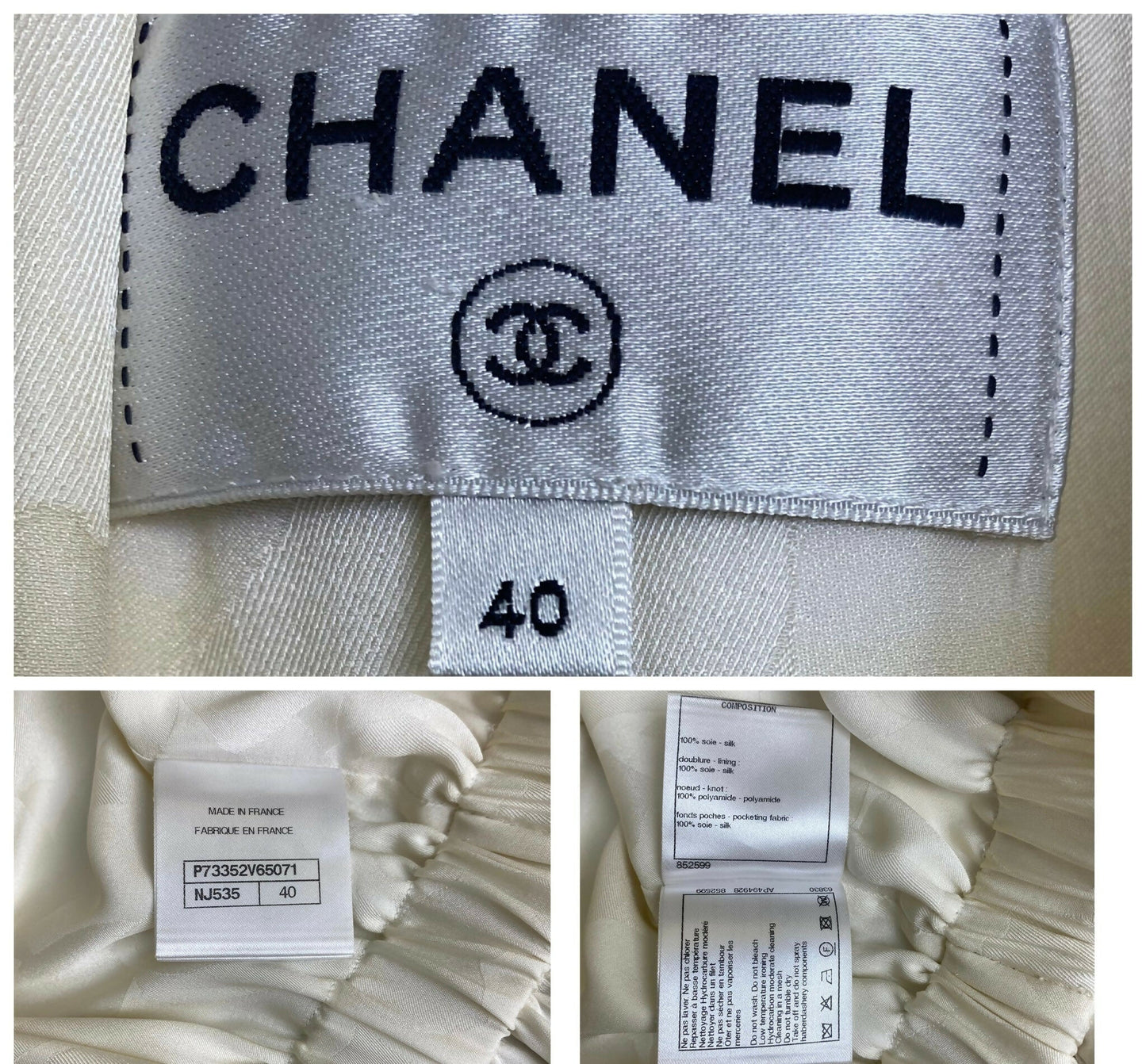 Chanel 23C Ecru Jacquard Silk CC Logo Velvet Bow Blouson Dress FR 40