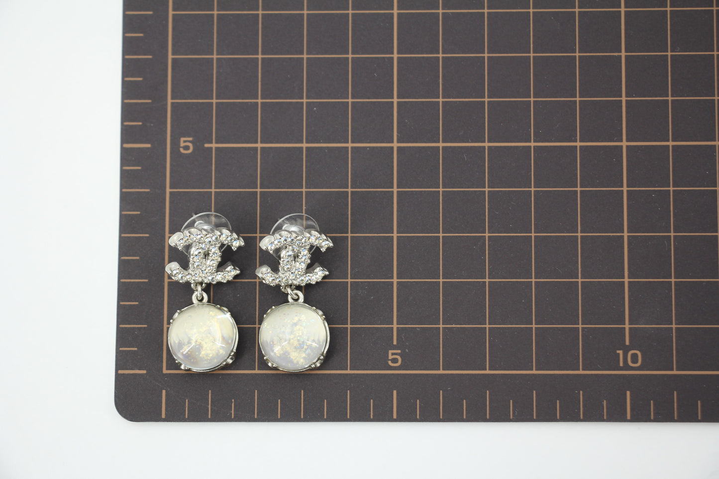 Chanel 17K Rhinestone Semi-transparent Round Pendant CC Stud Earrings