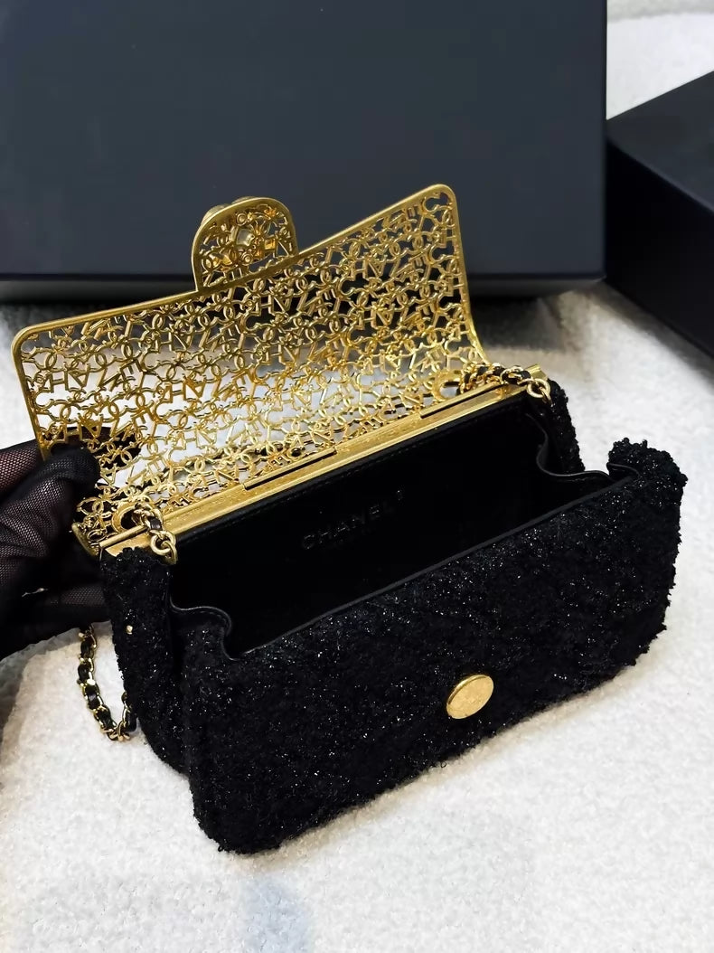 Chanel 22K black and gold metallic tweed CF chain evening bag