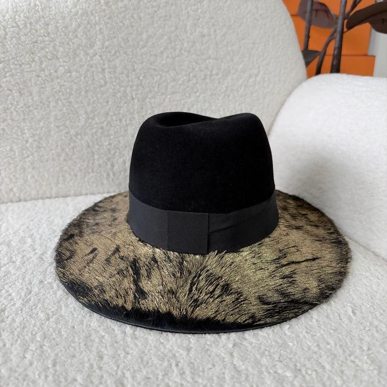 Maison Michel Color Block Rabbit Fur Wide Brim Hat
