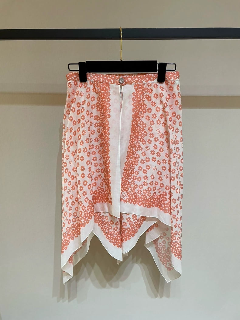 Chanel 22P orange-pink daisy asymmetrical skirt