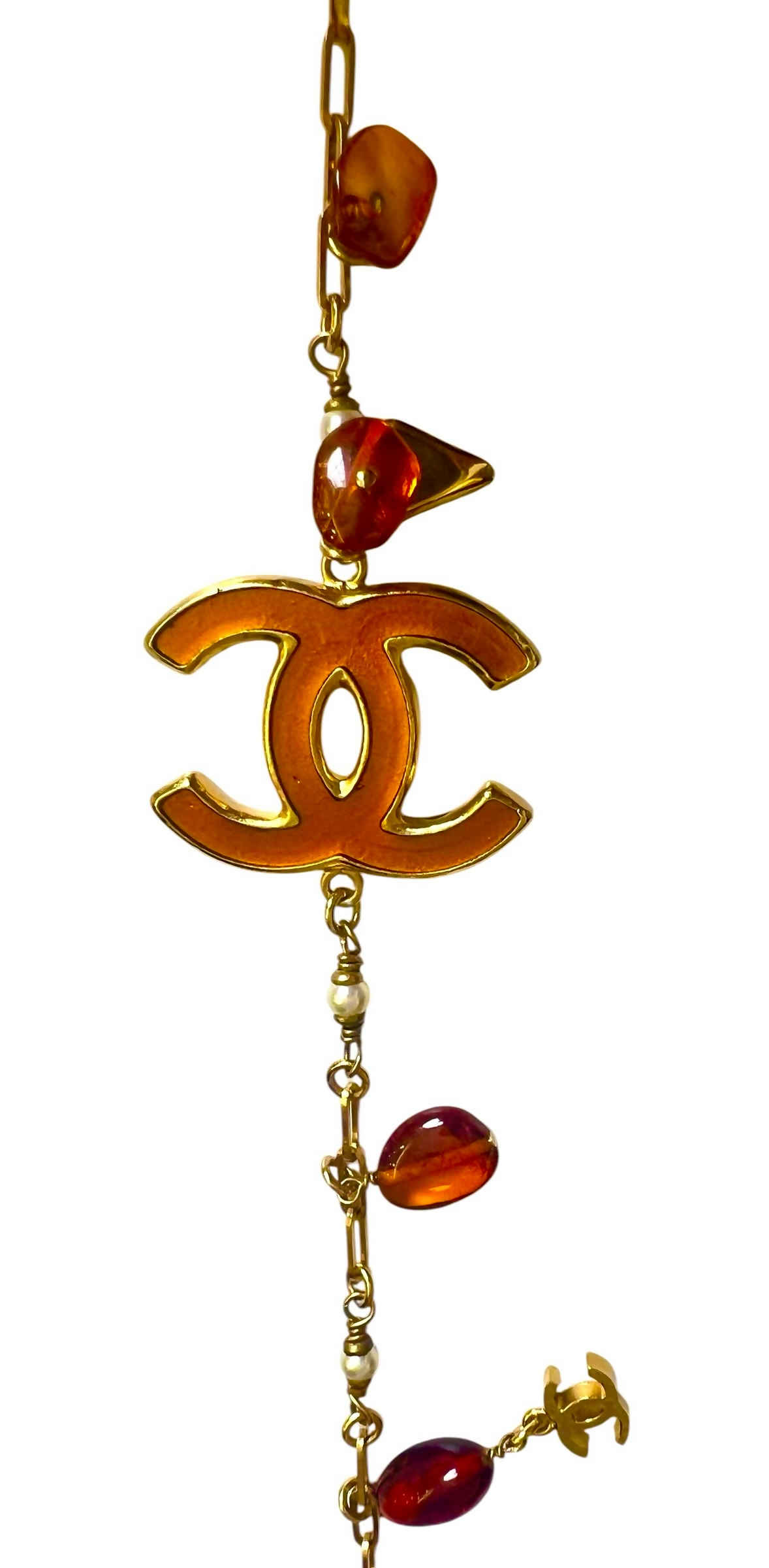 Chanel 11C Runway Amber Orange Gold Pearl Sautoir Long Strand Statement Necklace