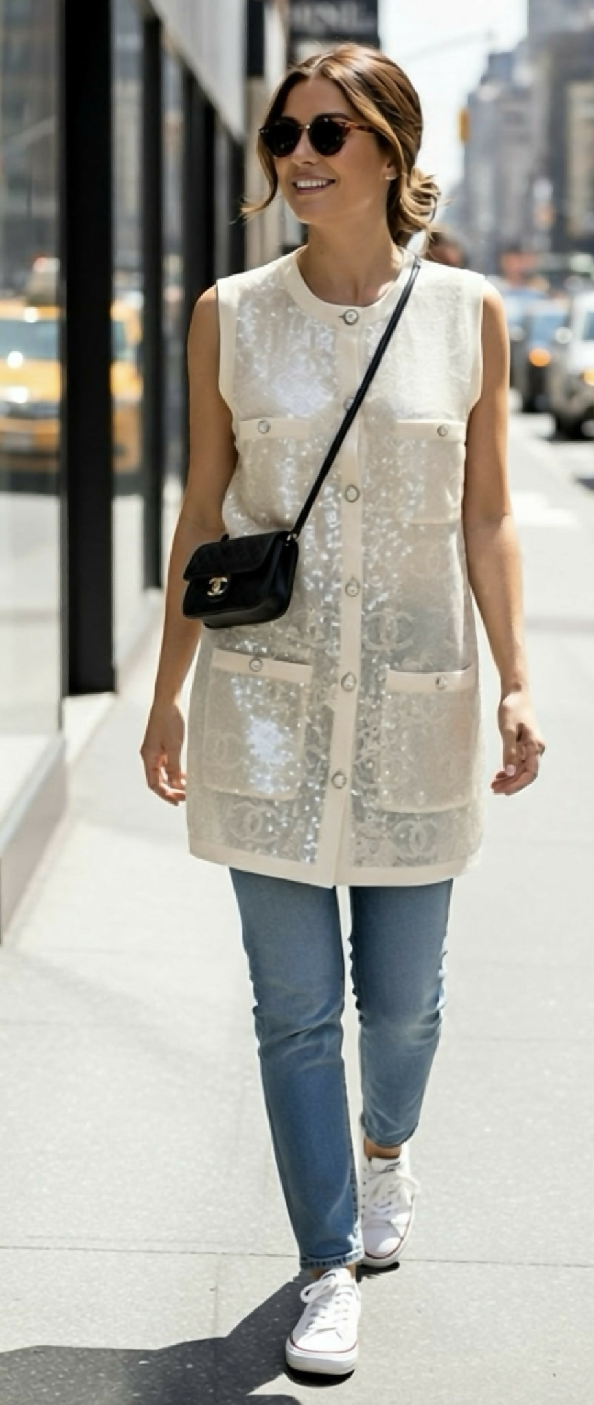 Rare Chanel 22S CC Iridescent Sequin Cream Mini Dress Cardigan Vest FR 40