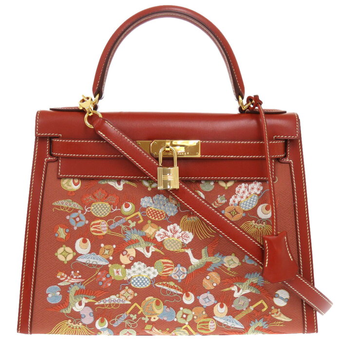 Rare vintage Hermès Kelly 28 Sellier Embroidered Kimono Box Calf Brick leather Gold Hardware