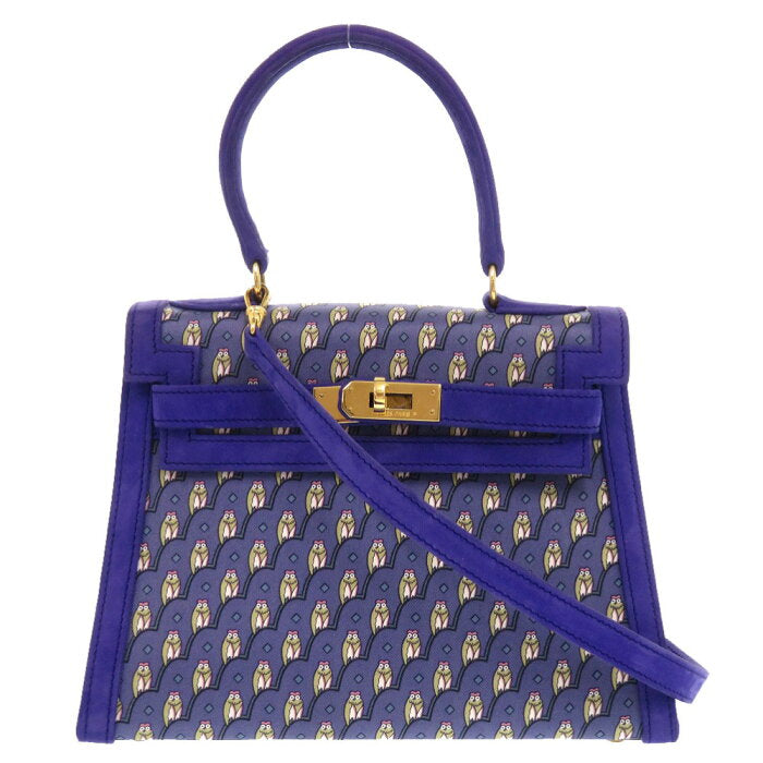 Rare Hermès Kelly 20 Owl Sellier Doblis Silk Blue Gold Hardware