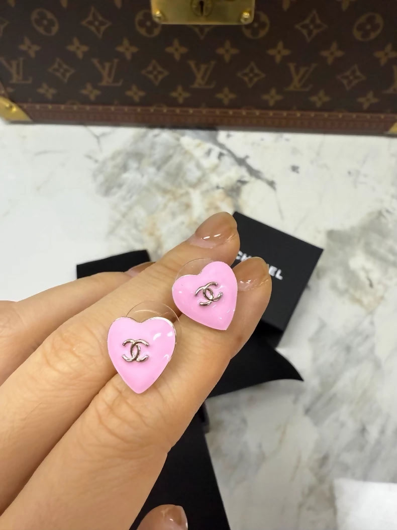 Chanel 25B Pink Heart Light Gold Double C Stud Earrings