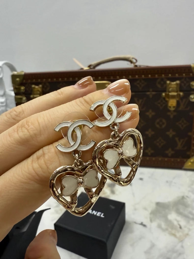 Chanel 25p Heart Bow Double C Rhinestone Pendant Earrings