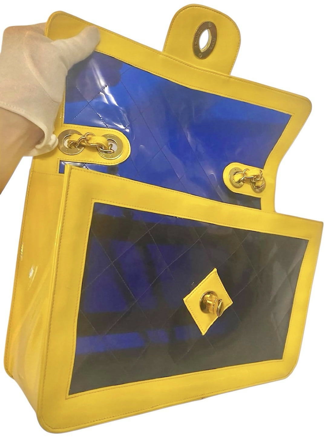 Chanel Ultra Rare 1995 Barbie Collection Yellow Blue Maxi PVC Vinyl Patent Flap Bag