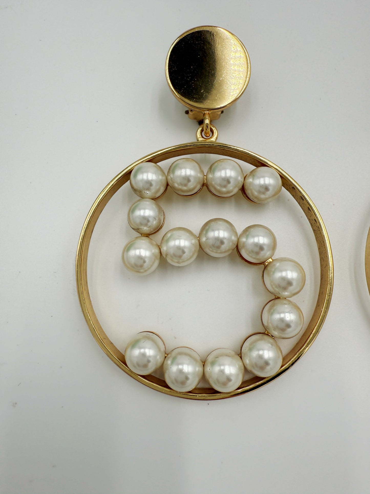 Chanel 1980s Runway Vintage Gold Plated Faux Pearl Circle No.5 Dangle Earrings