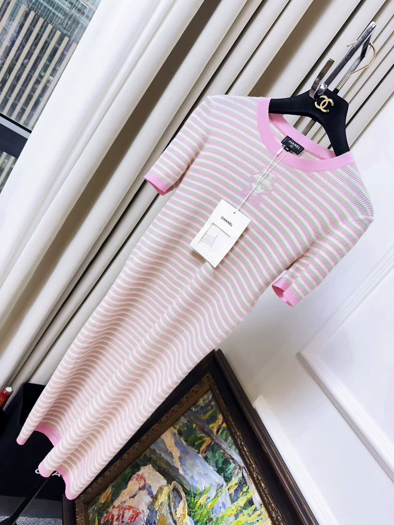 Chanel 25B pink striped Coco Chanel portrait knit dress