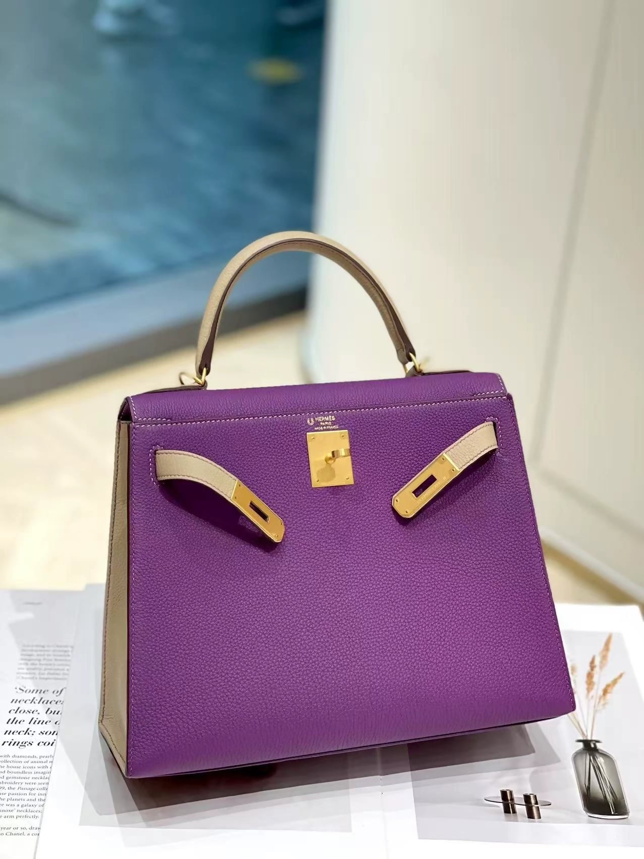 Hermes Kelly 28 P9 anemone purple and S2 trench coat Epsom leather with brushed gold hardware