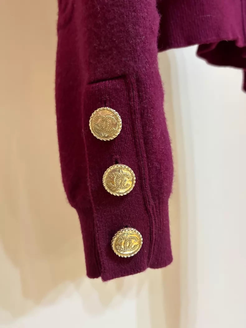Chanel 21P double-C embossed burgundy cashmere cardigan
