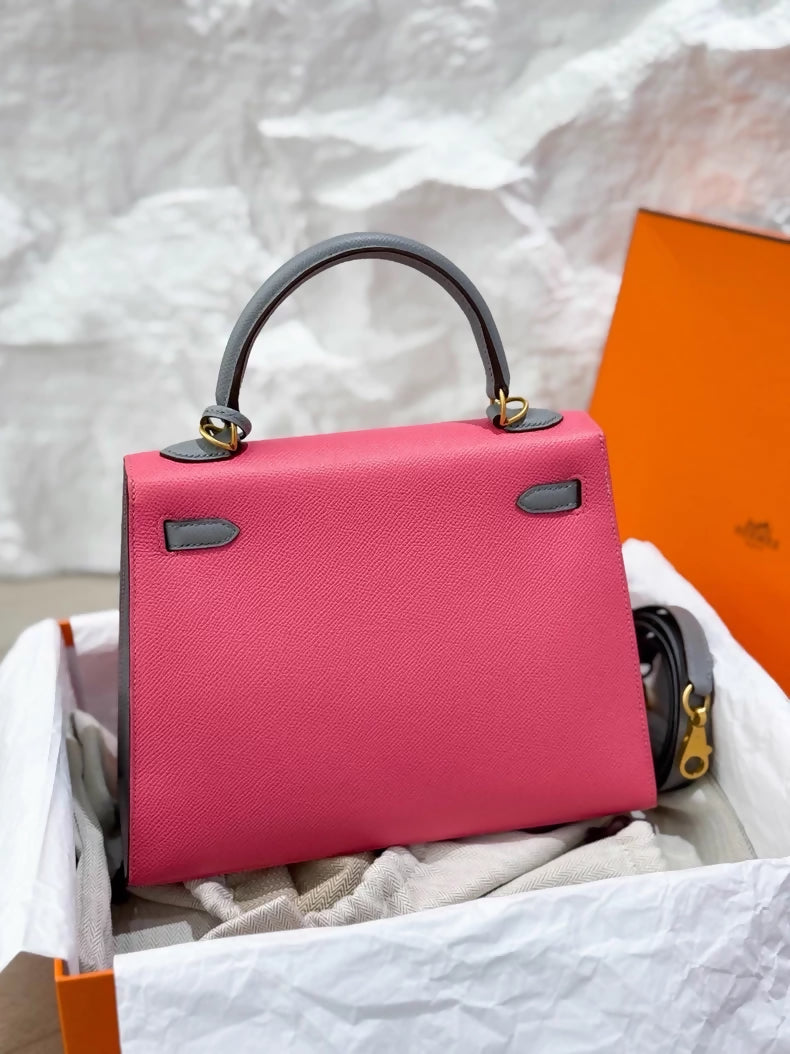 Hermes Kelly 25 pink and grey Epsom leather brushed gold hardware
