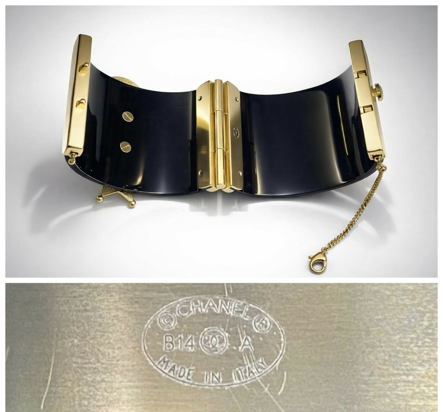 Rare Chanel 14A Paris Dallas Black Gold Wide Statement Cuff Bracelet