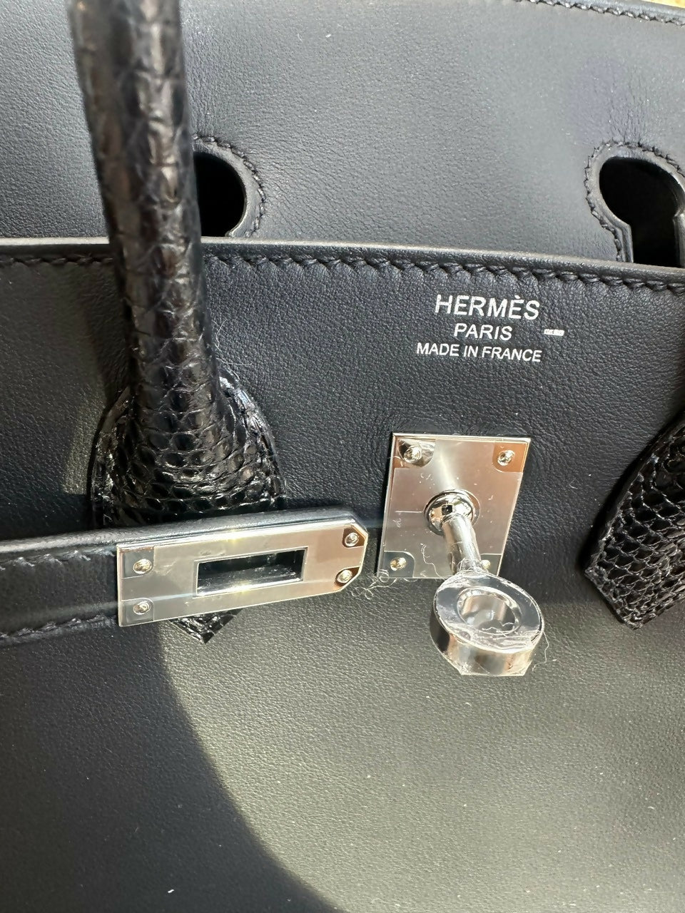 Hermès Birkin 25 Touch Black Shiny Niloticus Lizard and Swift leather Palladium Hardware