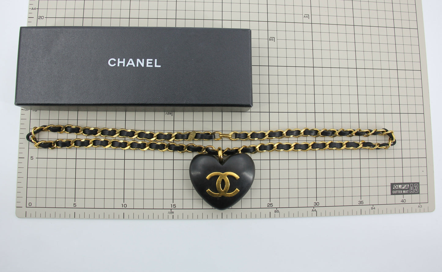 Chanel Vintage 91 Wooden Heart CC & Leather Chain Necklace