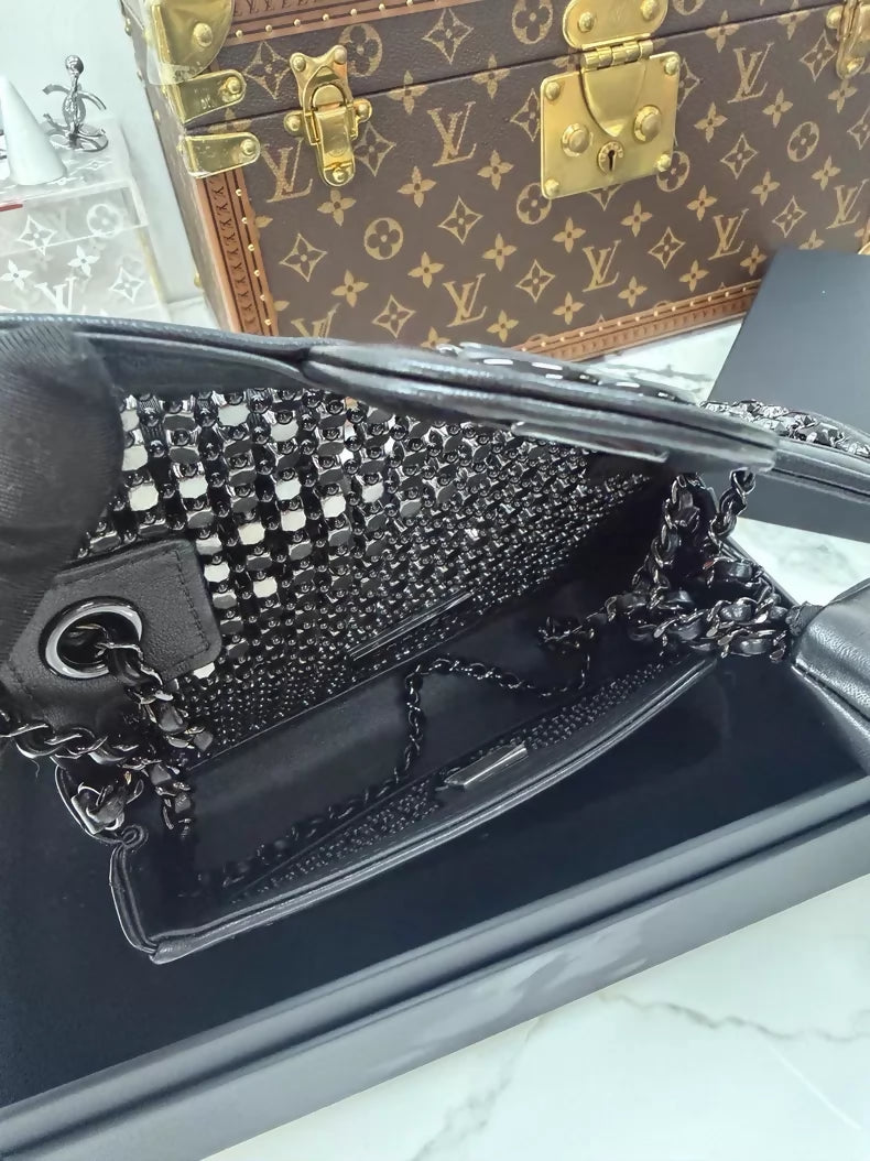 Chanel 24K Evening Bag Mini CF Black Gold Rhinestone Chain Bag