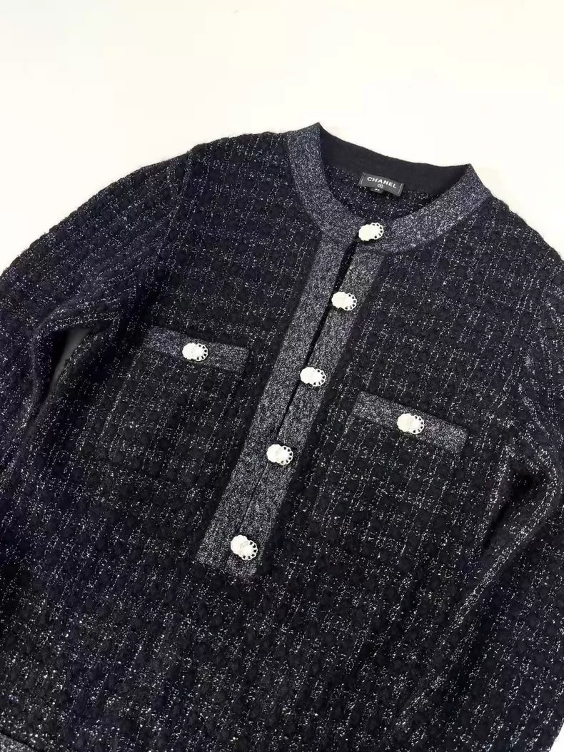 Chanel 20B Black Blue Tweed Dress