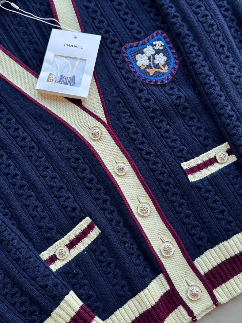Chanel 26C Navy Blue V-Neck Lion Button Knit Cardigan