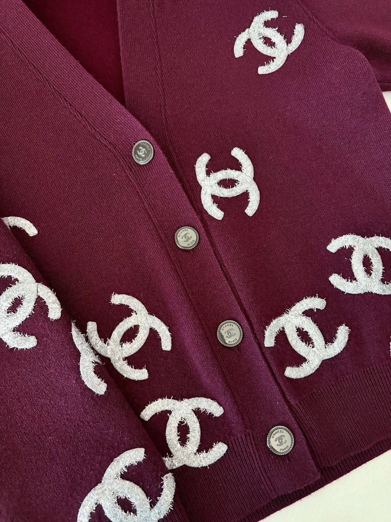 Chanel 22A Burgundy Sequined Logo Cashmere Knit Cardigan
