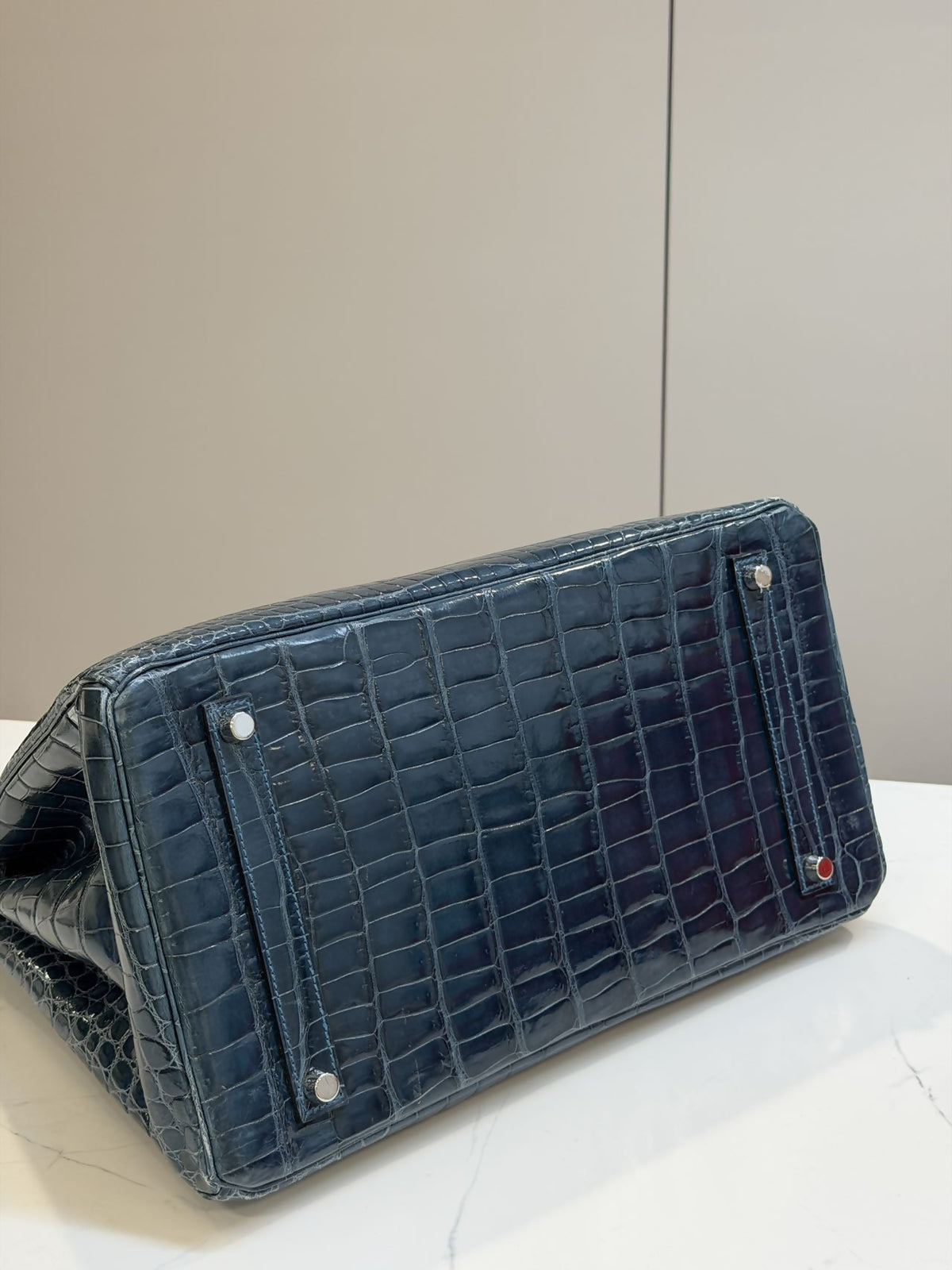 Hermes Birkin 35 Bleu Tempete Shiny Crocodie Porosus Palladium Hardware