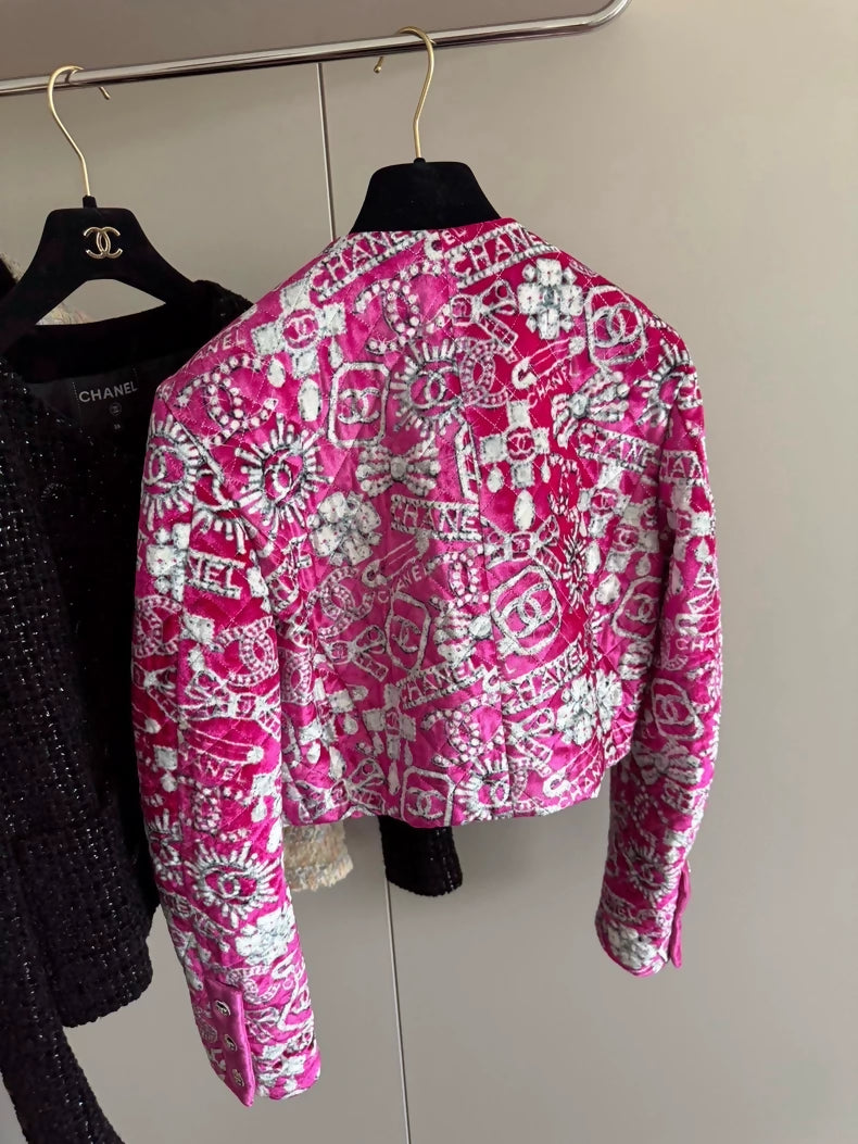 Chanel 23N Pink Jeweled CC Logo Jacket
