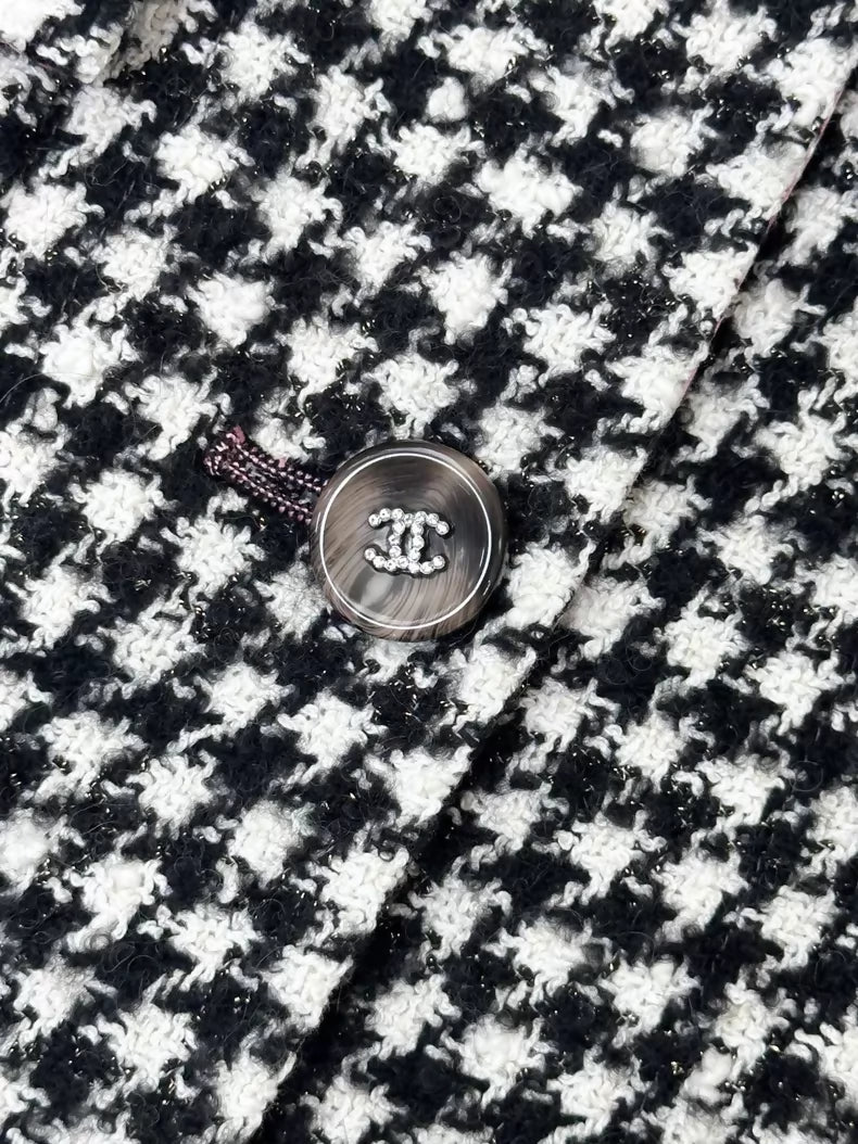 Chanel 24A black and white mixed houndstooth long coat