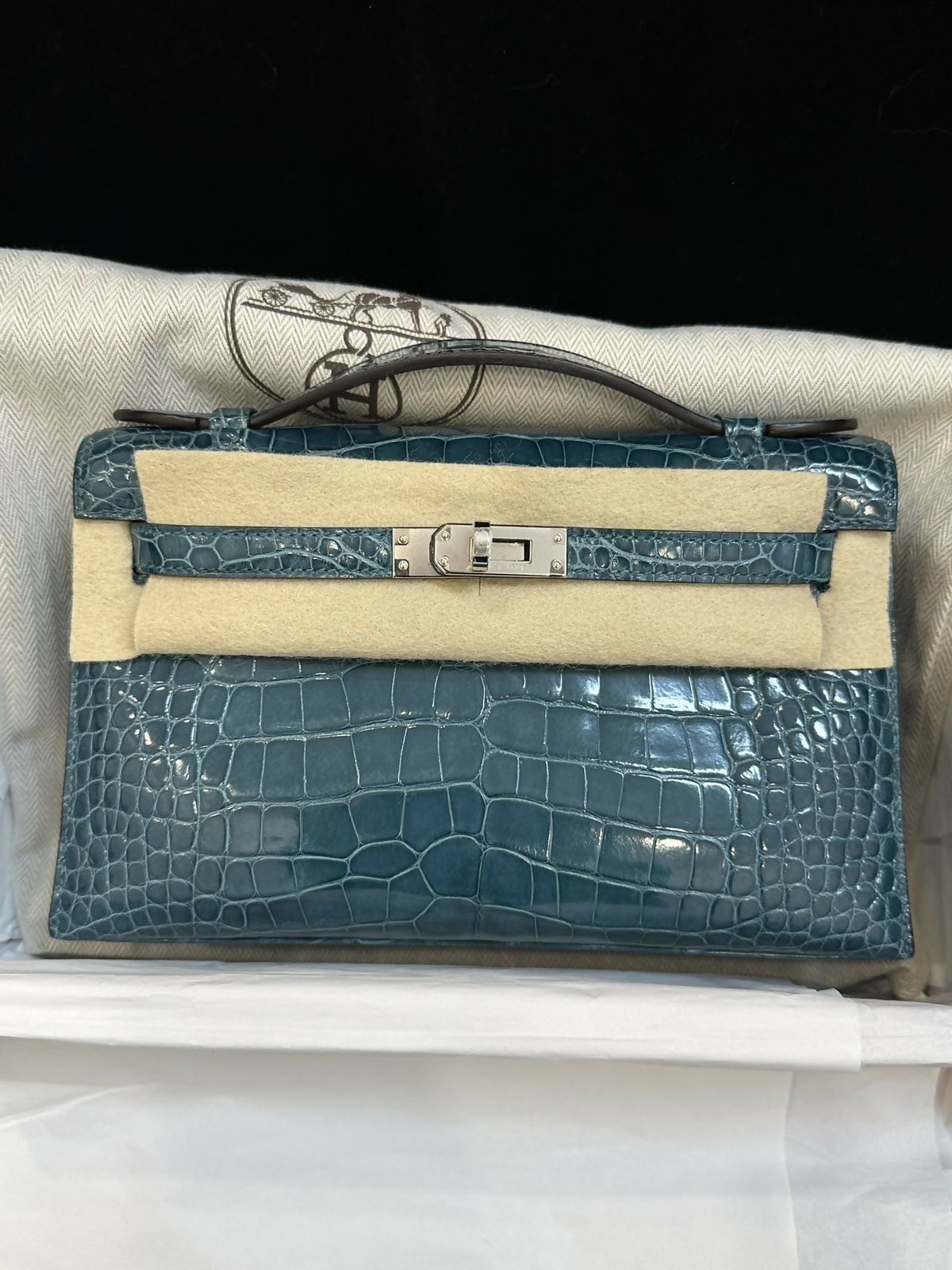 Hermès Kelly pochette Bleu Prusse / Bleu de Prusse Crocodile with Palladium Hardware