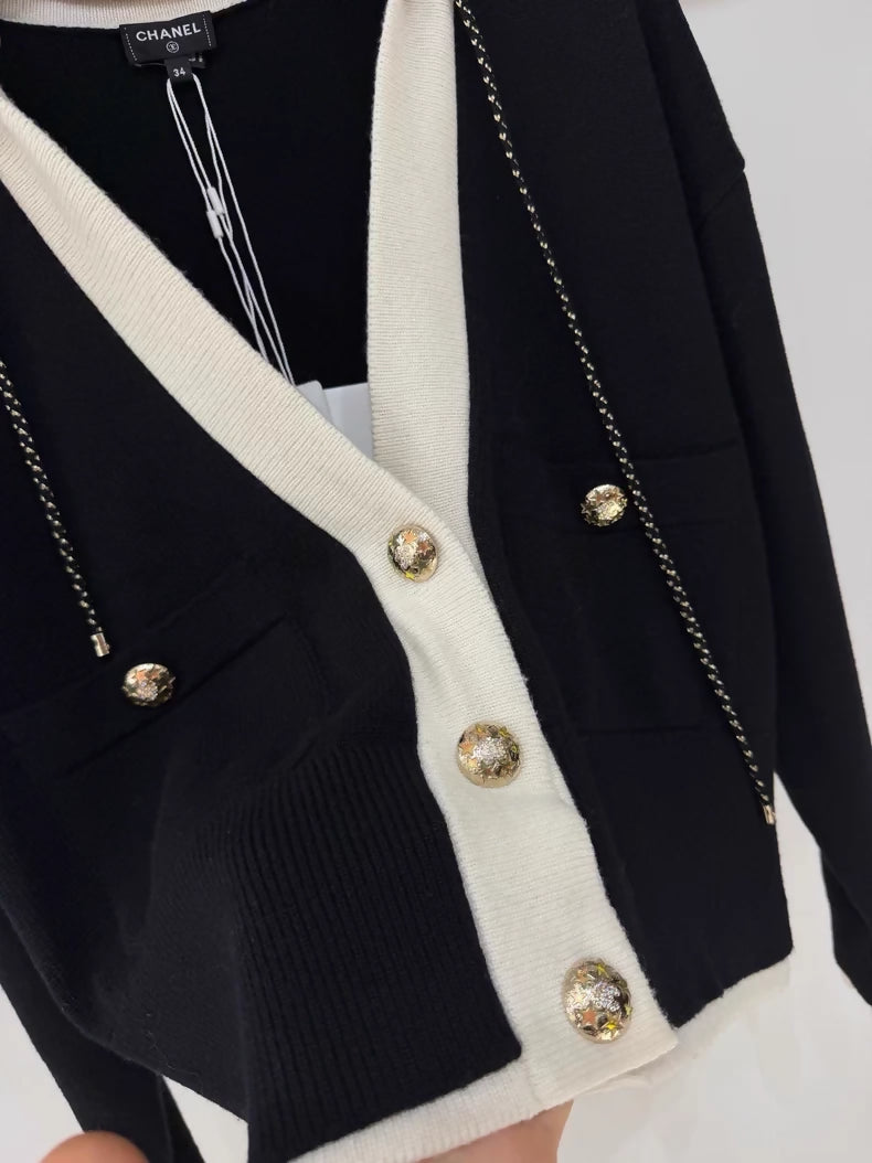 Chanel 24C black/white/gold sequined hoodie cardigan