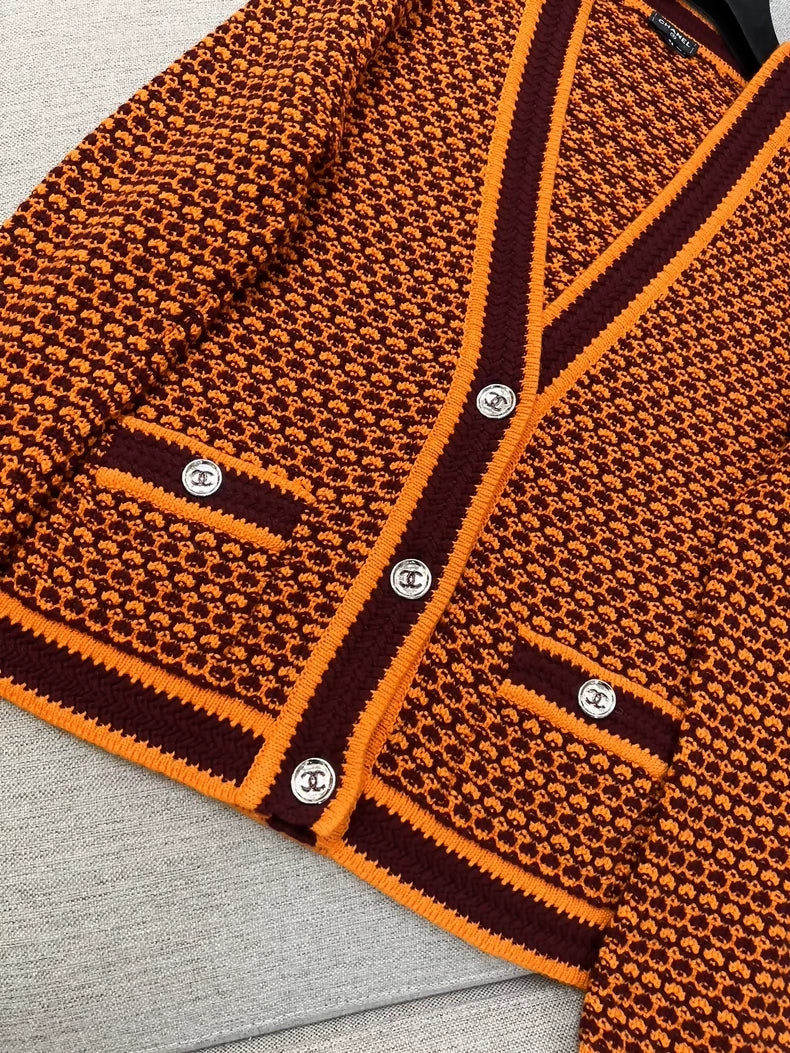 Chanel 23A orange and brown knit cardigan