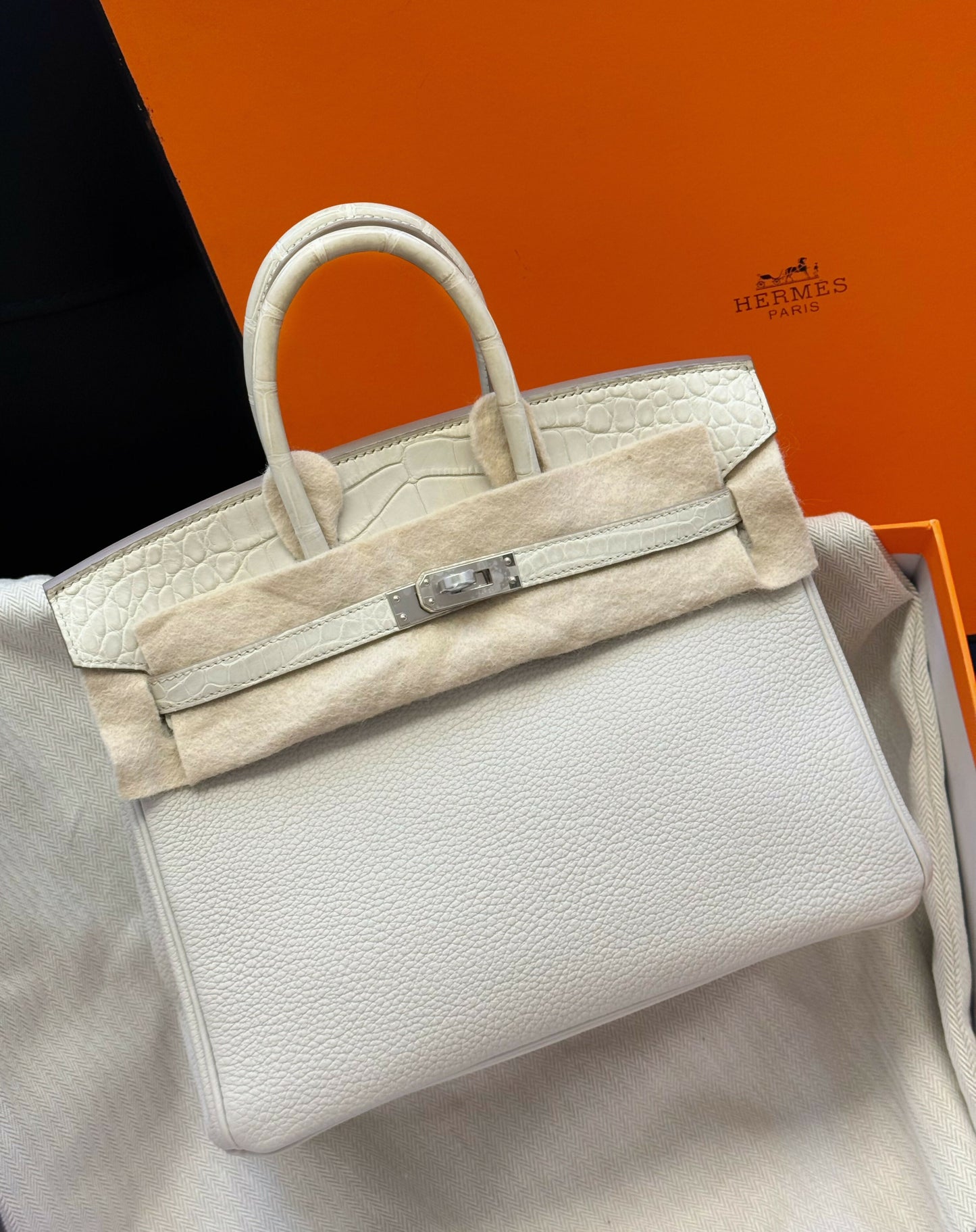 Hermès Birkin 25 Bleu Glacier Togo Leather & Matte Alligator Touch with Palladium Hardware