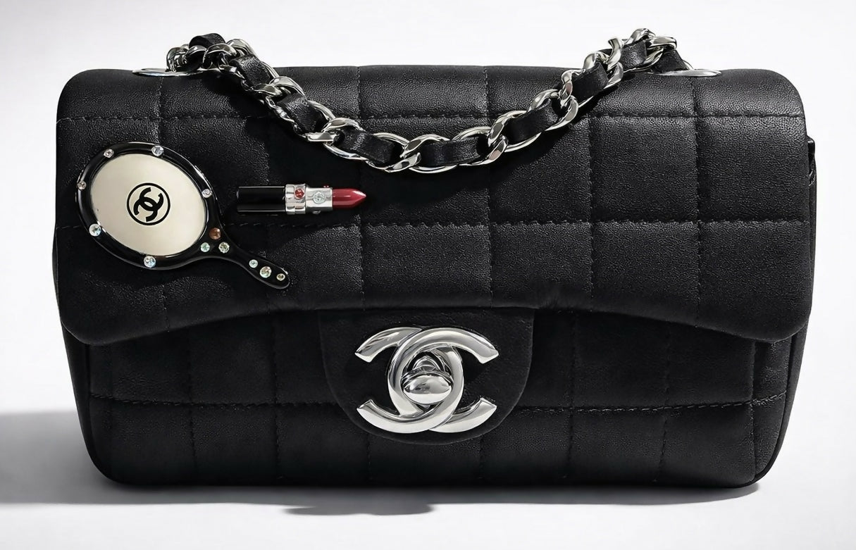 Chanel 04A Black Satin Mini Lipstick Mirror Charm Classic Flap Bag