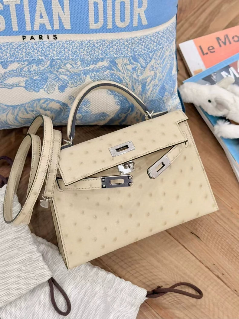 Hermes Mini Kelly 3C Wool White ostrich leather palladium hardware
