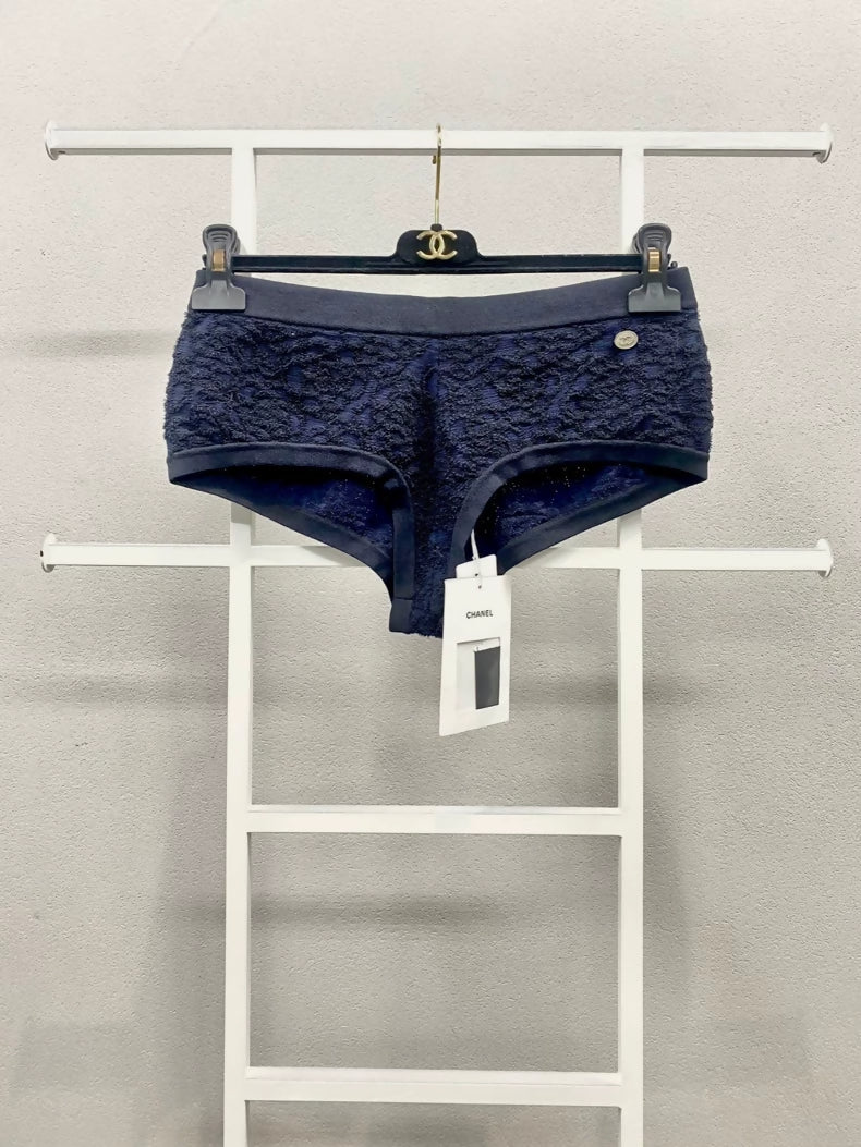 Chanel 21C bikini set in black mulberry silk and dark blue textured cotton bottoms