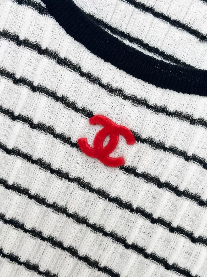 Chanel 24P white/red/black striped knit top