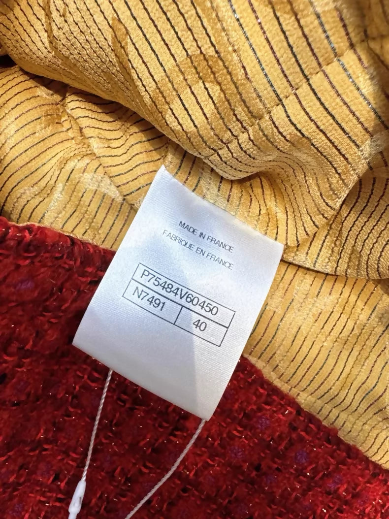 Chanel 23B red tweed jacket with gold buttons and two pockets