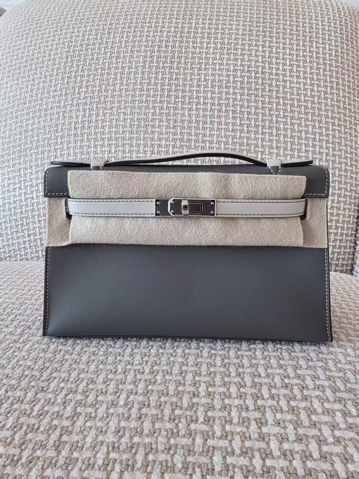 Hermes Kelly pochette Gris Meyer / Beton Swift Palladium hardware