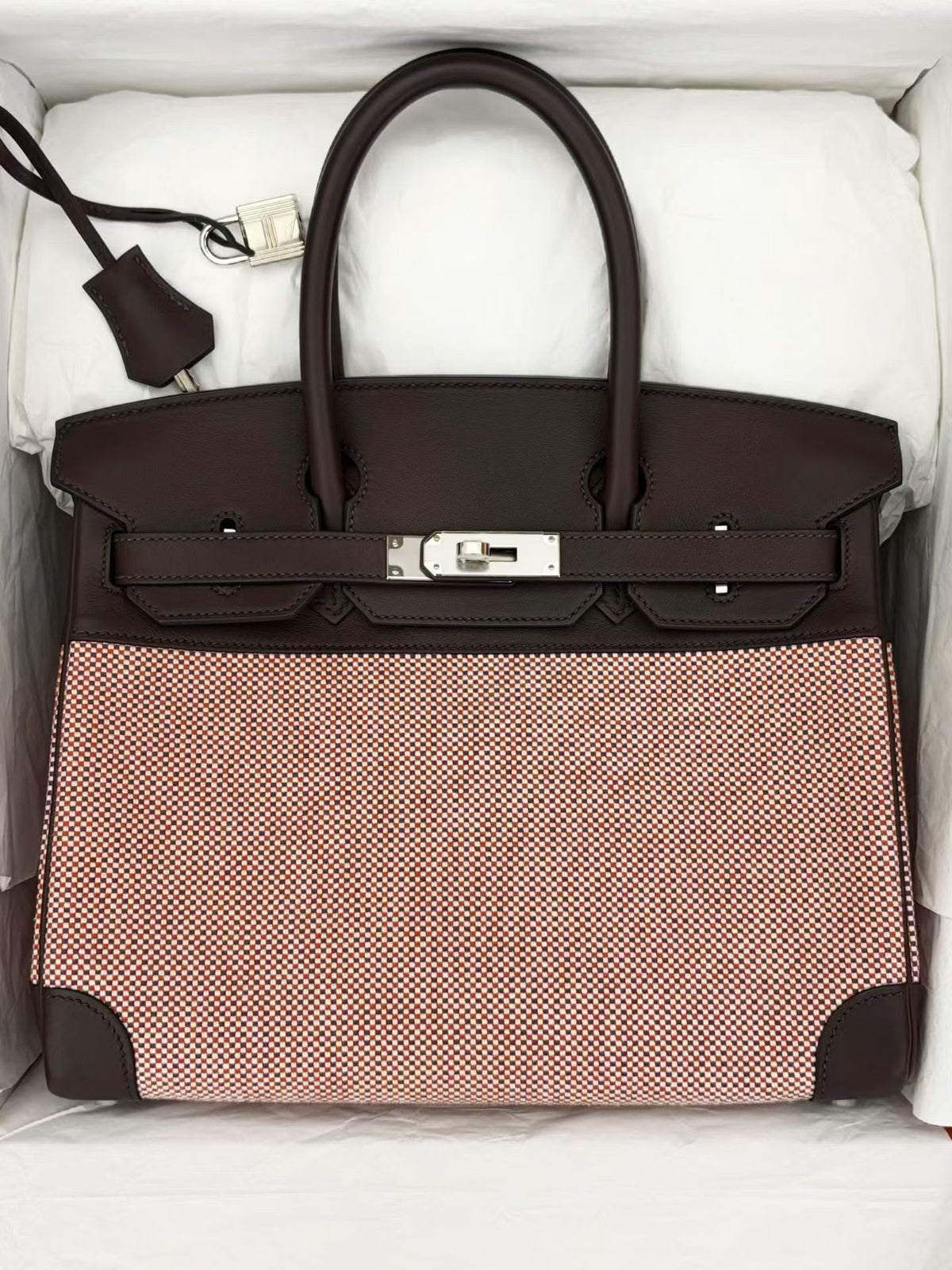 Hermes Birkin 30 quadrille toile in rouge sellier palladium hardware
