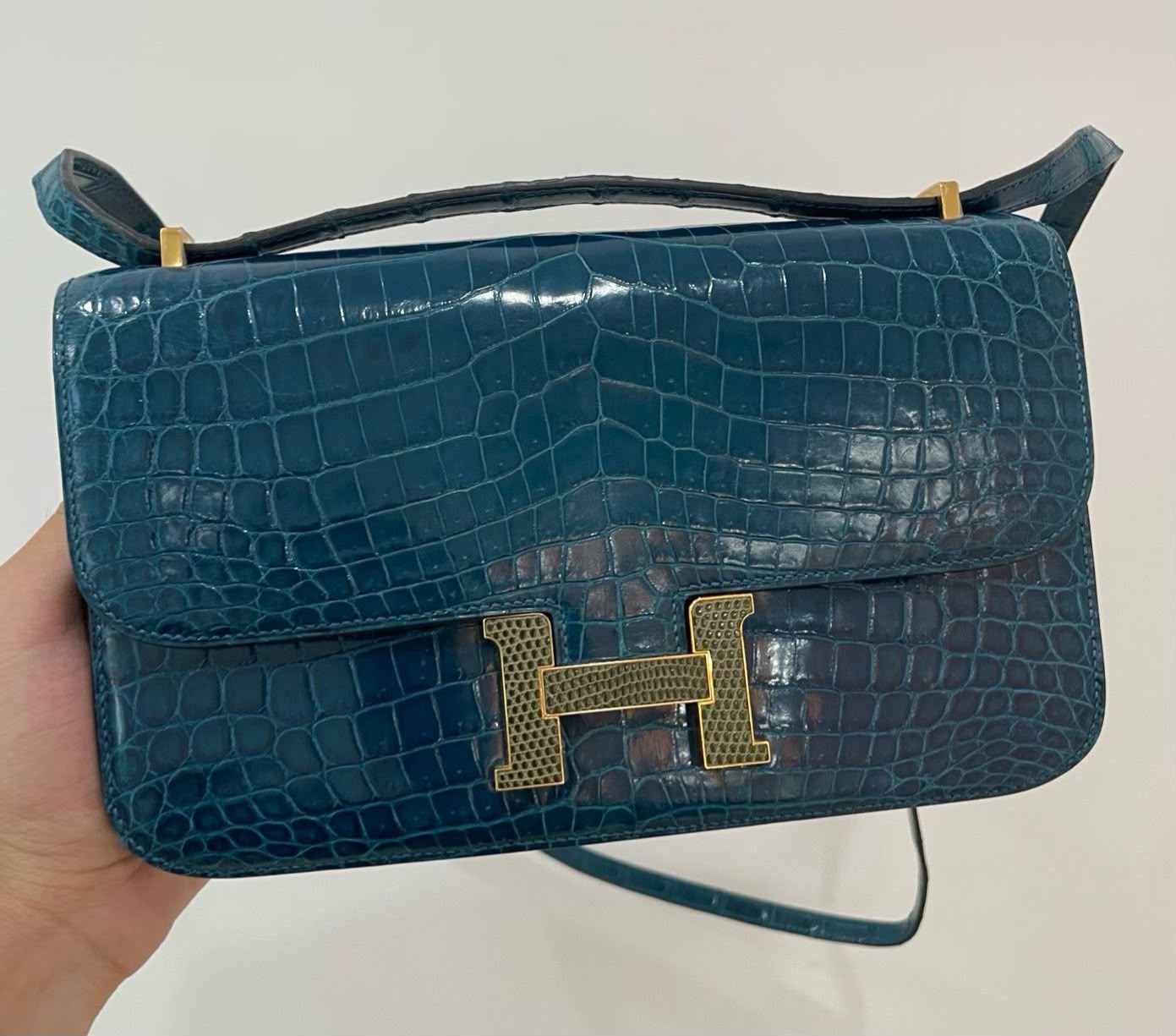 Hermes Constance Elan Bleu Colvert Shiny Niloticus & Ombre Lizard Gold hardware