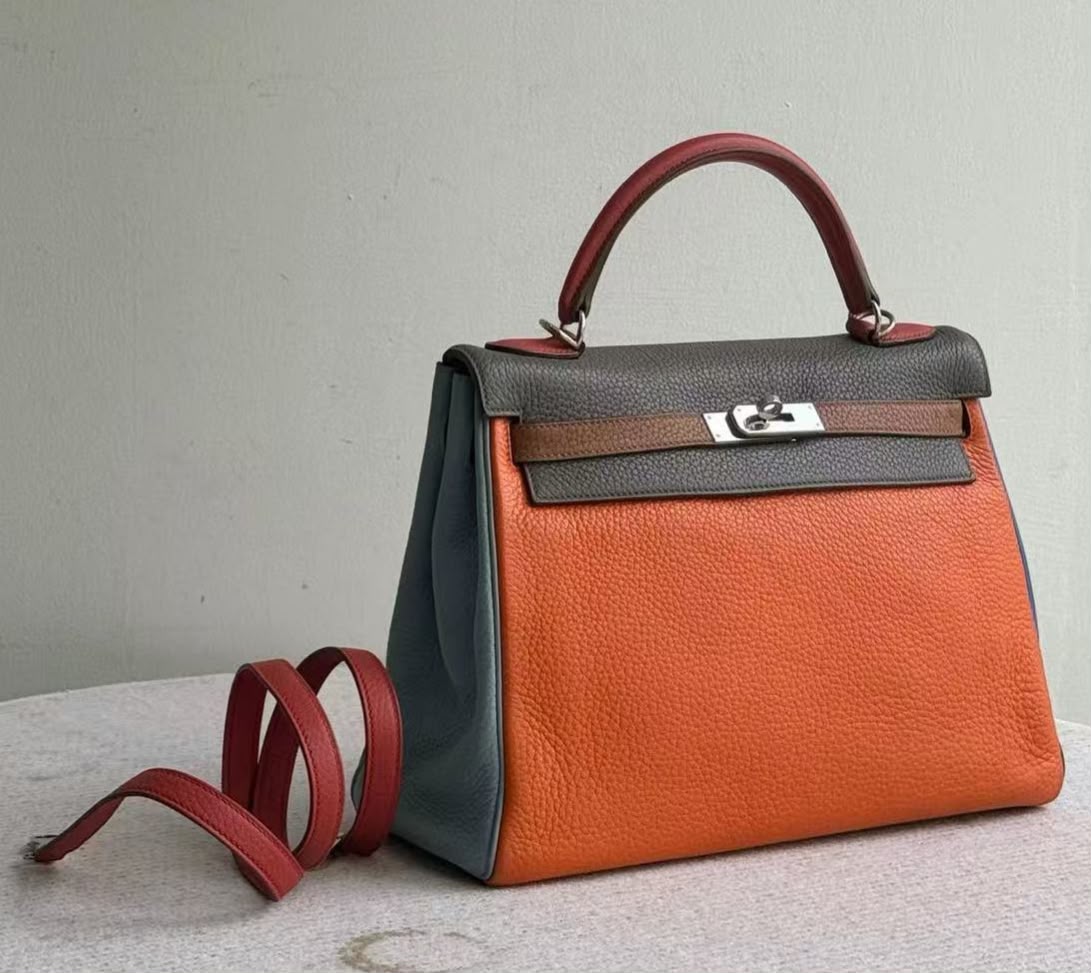Hermes Kelly 32 Orange/Etain/Sanguine/Gold/Bleu Lin/Bleu Hydra TC palladium hardware