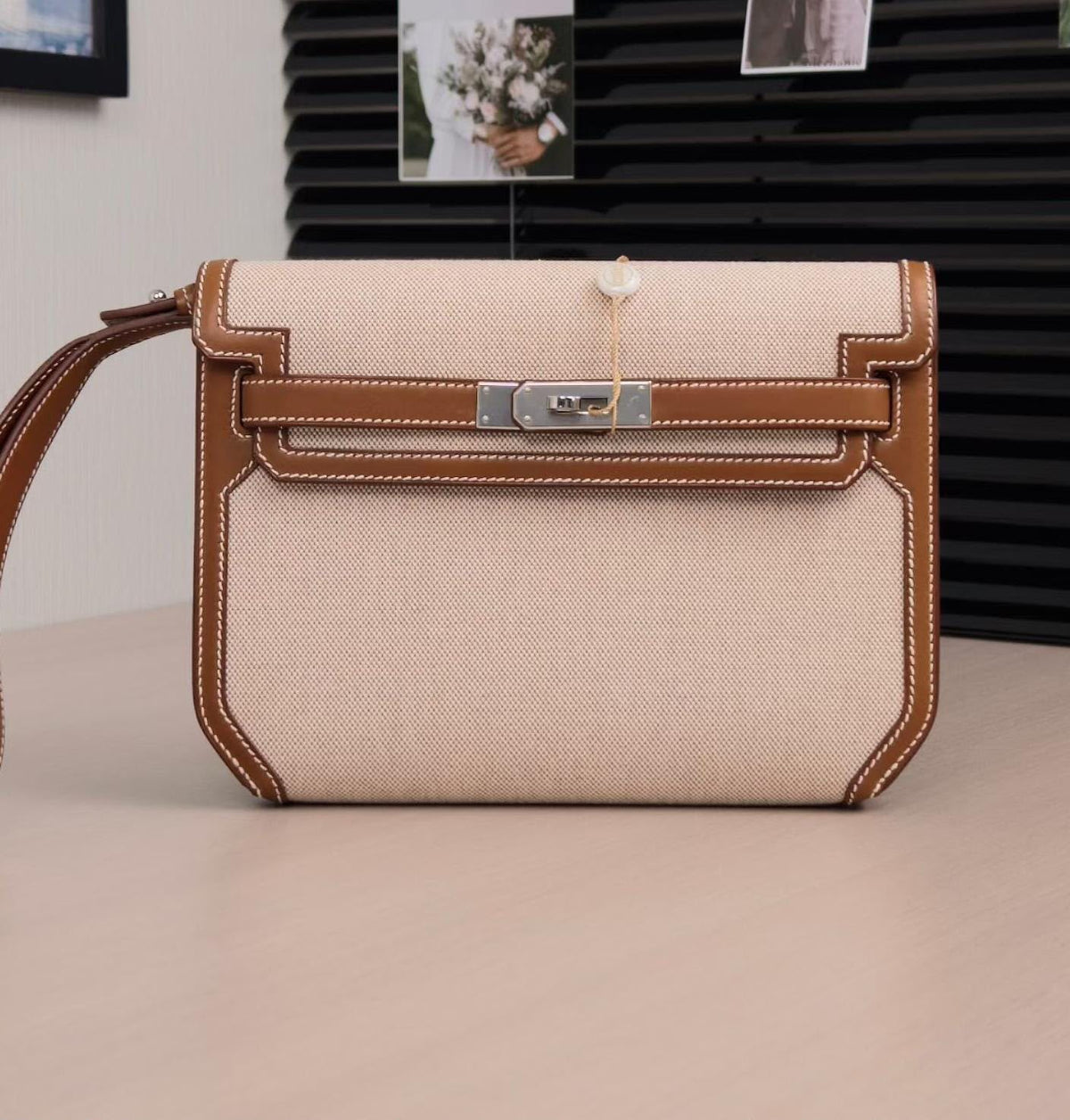 Hermes Kelly Depeches Fauve Barenia & Ecru Toile Palladium hardware